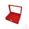 กล่องใส่พระ จัดเก็บพระ กล่องกำมะหยี่ใส่พระ แบบรอบกล่องมีคิ้วทอง ด้านบนฝากระจก สีแดง 2ชั้น