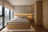ห้องนอนพร้อมหัวเตียงไม้และตู้ — Shush Condo