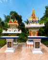 ศาลพระภูมิทรงไทย รุ่น XL4 ศาลพระแก้วสี่ชั้น สีขาวทอง พร้อมศาลเจ้าที่แฝดใหญ่ยกพื้น เสาช้างเอราวัณ