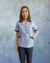 เสื้อแม่บ้านคอฮาวาย ลายริ้วฟ้า ปกสีกรม