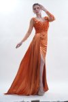 เดรสยาวสีส้มผ่าข้างแขนยาวซีทรูตกแต่งกลิตเตอร์และดอกไม้สีส้ม