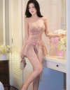 เดรสสั้นสีมชมพูสายเดี่ยวตกแต่งคริสตัลหรูหรา