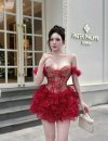 เดรสสั้นสีแดงลูกไม้ซีทรูแบบสายเดี่ยวกระโปรงระบาย