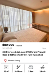 2-BR Serviced Apt. near BTS Phrom Phong 2 Beds 2 Bathrooms 90 m². Fully Furnished