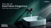 Tampilan elegan kran wastafel tanam dinding dari Castelli Sanitary di kamar mandi bergaya minimalis modern yang menghemat ruang dan mudah dibersihkan.