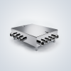 Stainless Steel Rectangular Enclosure with Hinged Lid, Dual Latches, and Multiple Horizontal Pipe Outlets