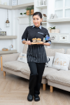 Half apron, 13 inches long, with black and white stripes.