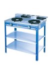Double burner gas stove with double shelf and storage rack