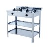 Double burner shelf gas stove with brass and infrared burners, stainless steel body and storage
