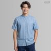 เสื้อเชิ้ต ช คอจีน แขนสั้น กระดุมยาว ครามอ่อน