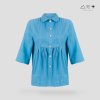เสื้อเชิ้ตคอบัว ตีเกล็ดอก ผ้าคราม