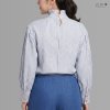 เสื้อแขนบอลลูน จีบรอบคอ ลายทาง คราม-ขาว