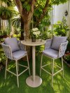 Outdoor Bar Set ชุดโต๊ะบาร์สนามดีไซน์โมเดิร์น พร้อมเก้าอี้เชือกถัก 2 ที่นั่ง เบาะสีเทาอ่อน ขาโต๊ะสีครีม เบาะรองนั่งนุ่มสบาย