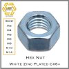 Steel Hex Nut Class 4 white zinc plated Cr6+ M3, M4, M5, M6 , M8, M10, M12 Pack 10 PCS