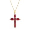 Sterling Silver Dyed Ruby Red Corundum Cross Pendant Over 18K Yellow Gold Plated With Chain 18 Inches