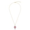 Sterling Silver Dyed Ruby Red Corundum Cross Pendant Over 18K Yellow Gold Plated With Chain 18 Inches
