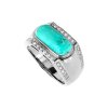 Sterling Silver Turquoise White Zircon Men's Ring Over Black Rhodium Plated