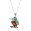 Sterling Silver Turquoise With Amber Hummingbird Pendant With Chain 18 Inches