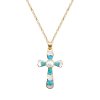 Sterling Silver Fresh Water Pearl With Inlay Turquoise & MOP Cross Pendant Over 18K Yellow Gold Plated with Chain 18 Inches