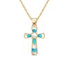 Sterling Silver Fresh Water Pearl With Inlay Turquoise & MOP Cross Pendant Over 18K Yellow Gold Plated with Chain 18 Inches