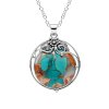 Southwestern Blended Turquoise With Orange Spiny Oyster Shell Sterling Silver Floral Pendant With Chain 18+2 Inches