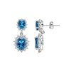 London Blue Topaz & White Zircon Sterling Silver Halo Drop Earrings