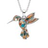 Blended Turquoise With Spiny Oyster Shell Sterling Silver Humming Bird Pendant With Chain