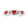 Sterling Silver Red Coral Heart Cuff Bangle 7.5 Inches