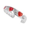 Sterling Silver Red Coral Heart Cuff Bangle 7.5 Inches
