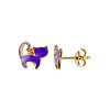 Sterling Silver Mystery Purple Enameled Cat Earrings Over 18K Yellow Gold Plated