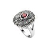 Sterling Silver Red Cubic Zirconia and Marcasite Ring