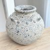 Vase แจกันดินเผาทรงแป้นเรียบปากเล็กบาน สีขาวเก่ามีหู 4 หู ขนาด 24 x 24 cm.