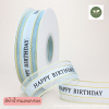 ริบบิ้น สีฟ้าน้ำทะเลผ้าพิมพ์ลาย Happy birthday หน้ากว้าง2.5 cm ความยาว 50 หลา