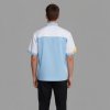 เสื้อช็อปสีฟ้าต่อบ่าสีขาว แขนสั้น ผ้าดีวาย