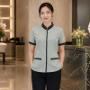 เสื้อแม่บ้านคอจีน สีเทาอมเขียวแต่งดำ