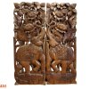 Set of 2: Lanna Hand-Carved Elephant & Lotus Wood Panels 14x36"