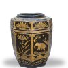 Octagonal ceramic jar with designs of tree, mouse, lotus, cow, bamboo, dragon, lotus, and elephant