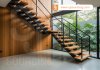 โครงบันไดเหล็กดีไซน์โมเดิร์นติดตั้งบนผนังไม้ โครงบันไดเหล็กดีไซน์โมเดิร์นติดตั้งบนผนังไม้