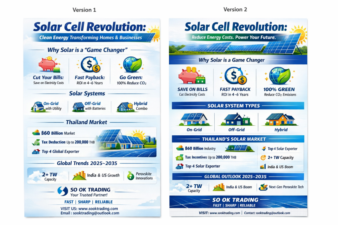 Solar Cell พลังงานสะอาด ลดค่าไฟบ้านและโรงงาน SO OK TRADING