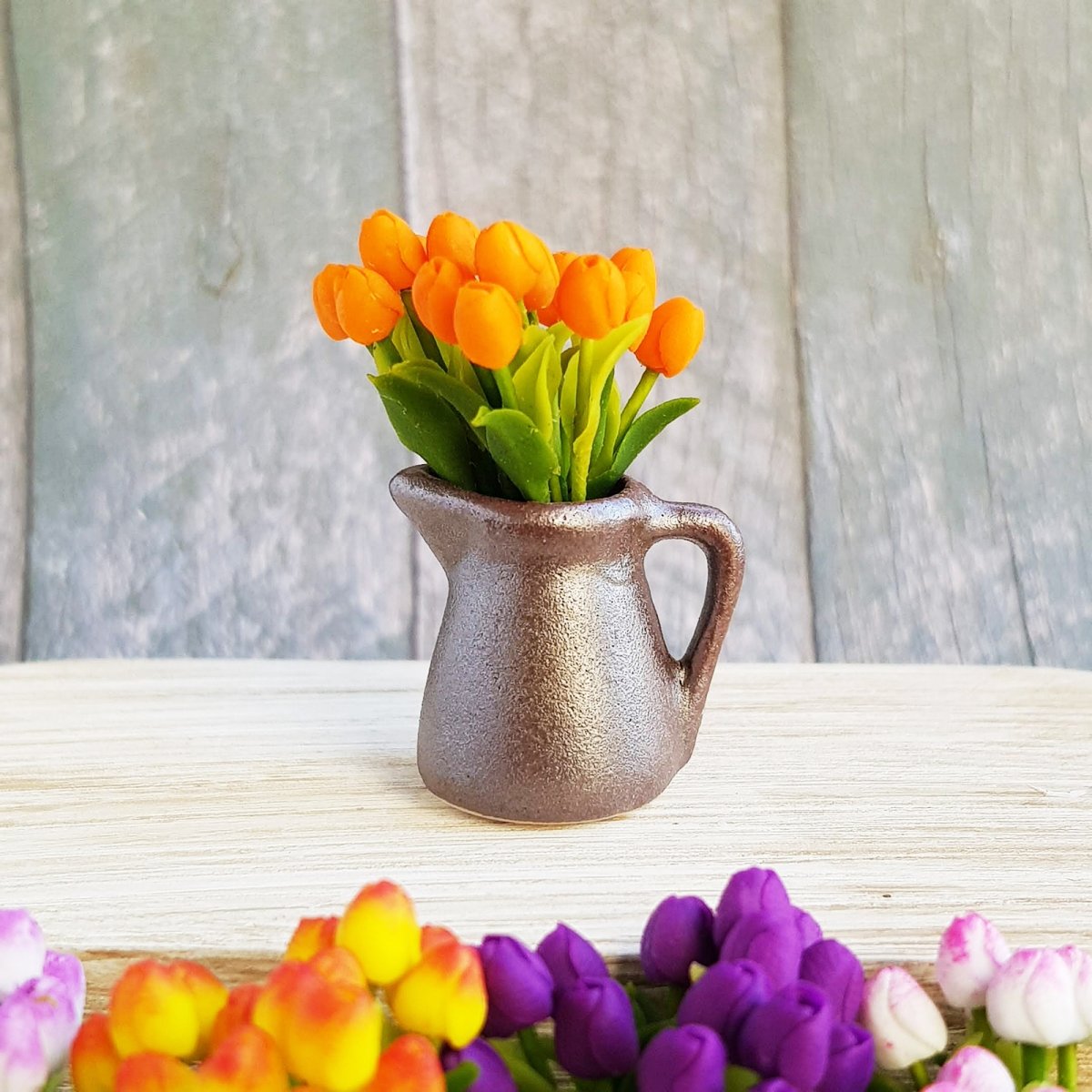 Dollhouse Miniature Pot of Orange Tulips