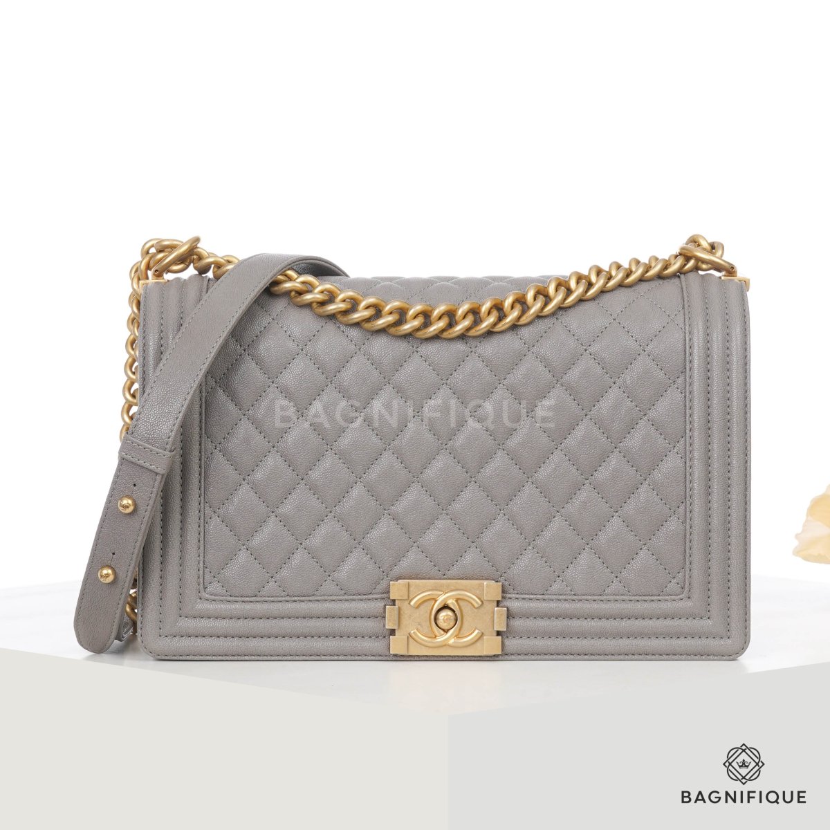Chanel Light Grey Quilted Caviar Leather Medium Boy Bag