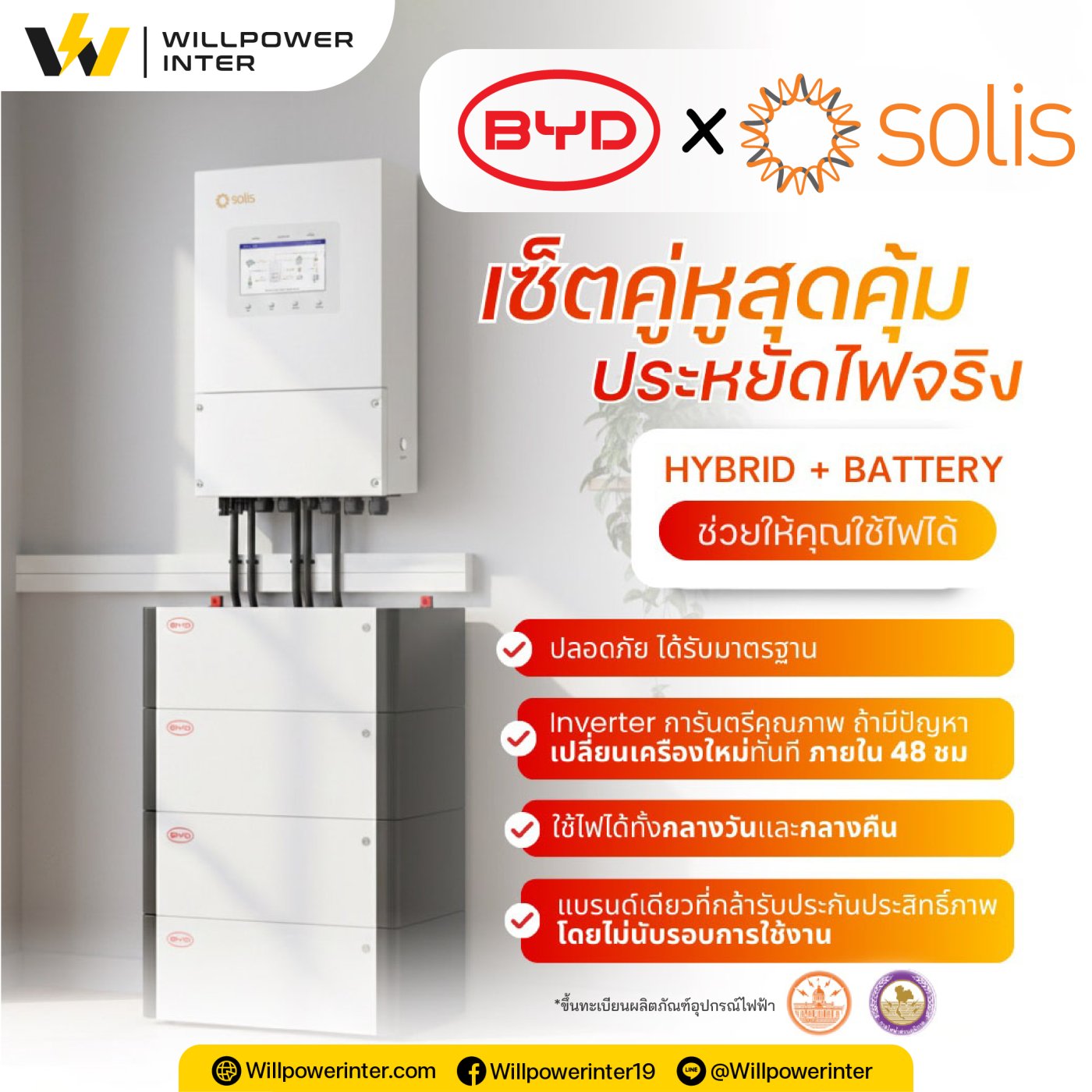 BYD x Solis ชุดโซลาร์ Hybrid + แบตเตอรี่ ใช้ไฟฟรี 24 ชม.