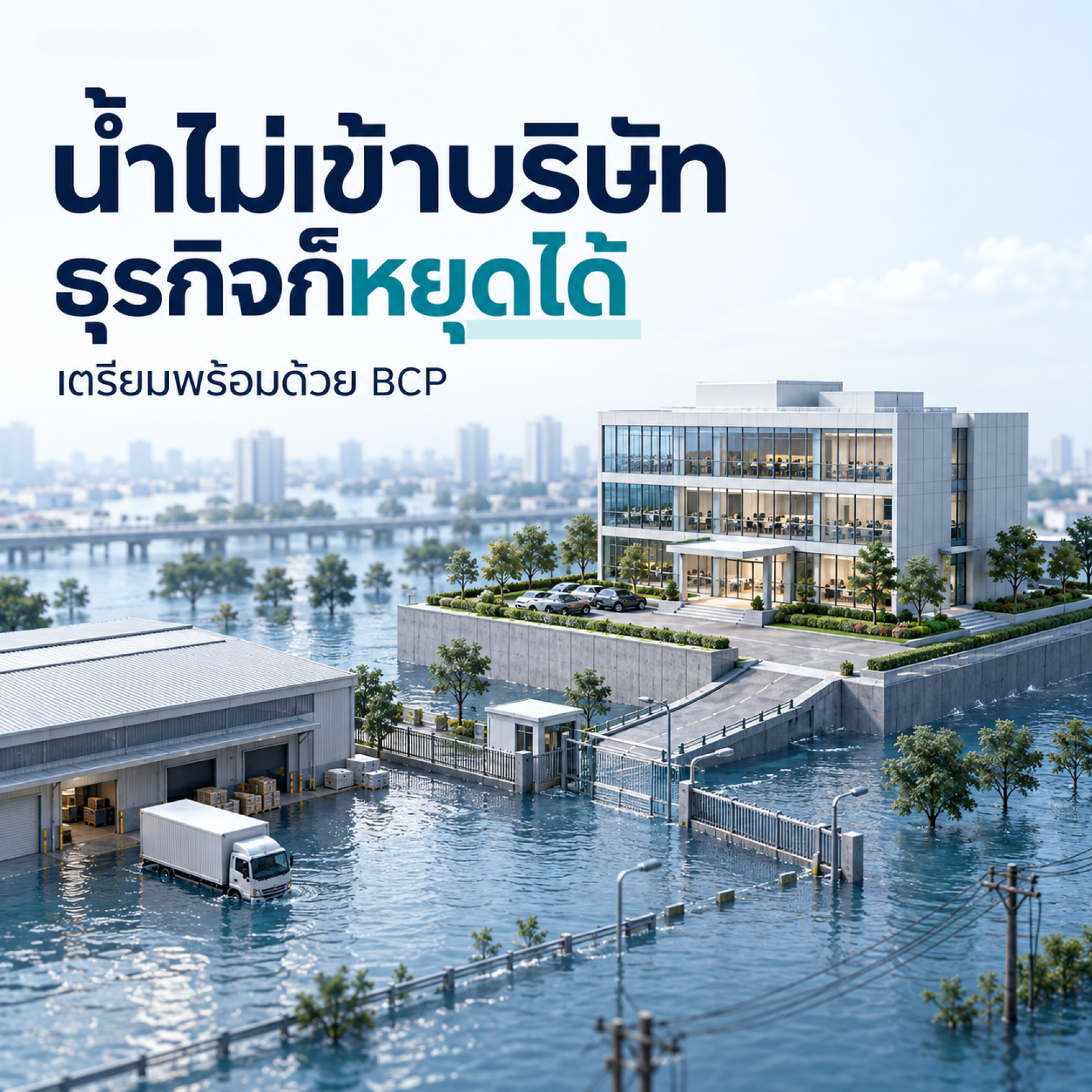 ภาพประกอบสำนักงานบนพื้นที่ยกสูง โดยถนนและคลังสินค้ารอบข้างมีน้ำท่วม สื่อถึงผลกระทบต่อความต่อเนื่องทางธุรกิจ ภาพประกอบสำนักงานบนพื้นที่ยกสูง โดยถนนและคลังสินค้ารอบข้างมีน้ำท่วม สื่อถึงผลกระทบต่อความต่อเนื่องทางธุรกิจ