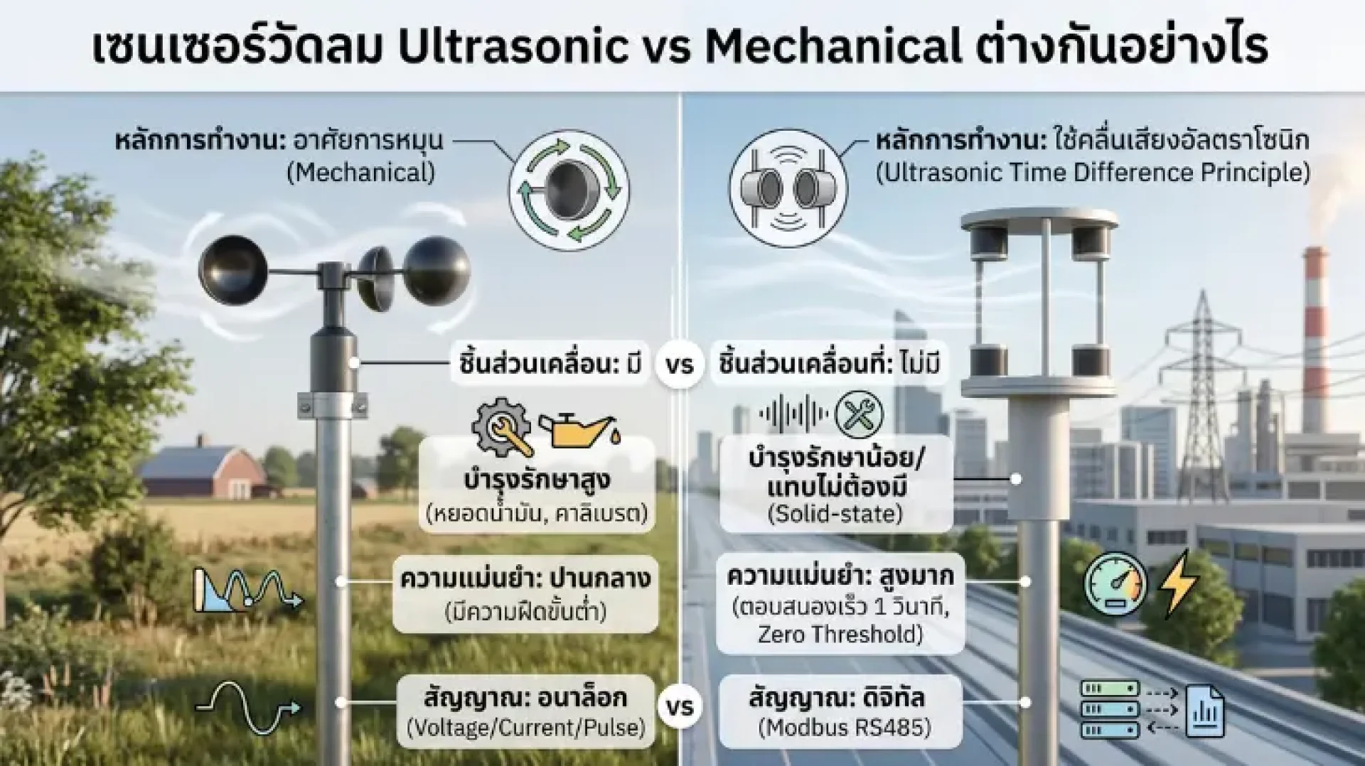 เซนเซอร์วัดลมแบบกลไก (Mechanical) vs เซนเซอร์วัดลมแบบอัลตราโซนิก เซนเซอร์วัดลมแบบกลไก (Mechanical) vs เซนเซอร์วัดลมแบบอัลตราโซนิก