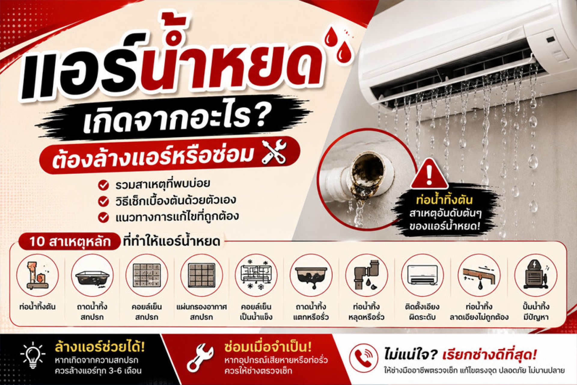 แอร์น้ำหยดเกิดจากอะไร? ต้องล้างแอร์หรือซ่อม แบบไหนถึงหาย แอร์น้ำหยดเกิดจากอะไร? ต้องล้างแอร์หรือซ่อม แบบไหนถึงหาย