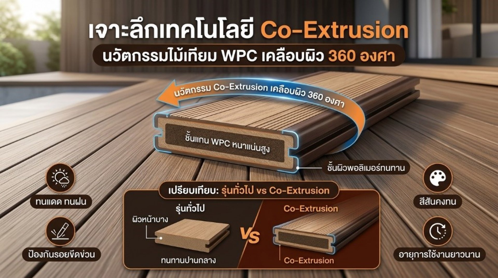 Co-Extrusion คืออะไร? เทคโนโลยีการผลิตไม้เทียมที่นำวัสดุต่างชนิดมาขึ้นรูปและหลอมรวมกันเป็นโครงสร้างหลายชั้น โดยทั่วไปจะประกอบด้วยแกนกลางที่ทำหน้าที่สร้างความแข็งแรง และชั้นผิวด้านนอกที่ทำหน้าที่เพิ่มการปกป้อง แทนที่จะผลิต WPC เป็นเนื้อเดียวตลอดทั้งชิ้น กร Co-Extrusion คืออะไร? เทคโนโลยีการผลิตไม้เทียมที่นำวัสดุต่างชนิดมาขึ้นรูปและหลอมรวมกันเป็นโครงสร้างหลายชั้น โดยทั่วไปจะประกอบด้วยแกนกลางที่ทำหน้าที่สร้างความแข็งแรง และชั้นผิวด้านนอกที่ทำหน้าที่เพิ่มการปกป้อง แทนที่จะผลิต WPC เป็นเนื้อเดียวตลอดทั้งชิ้น กร