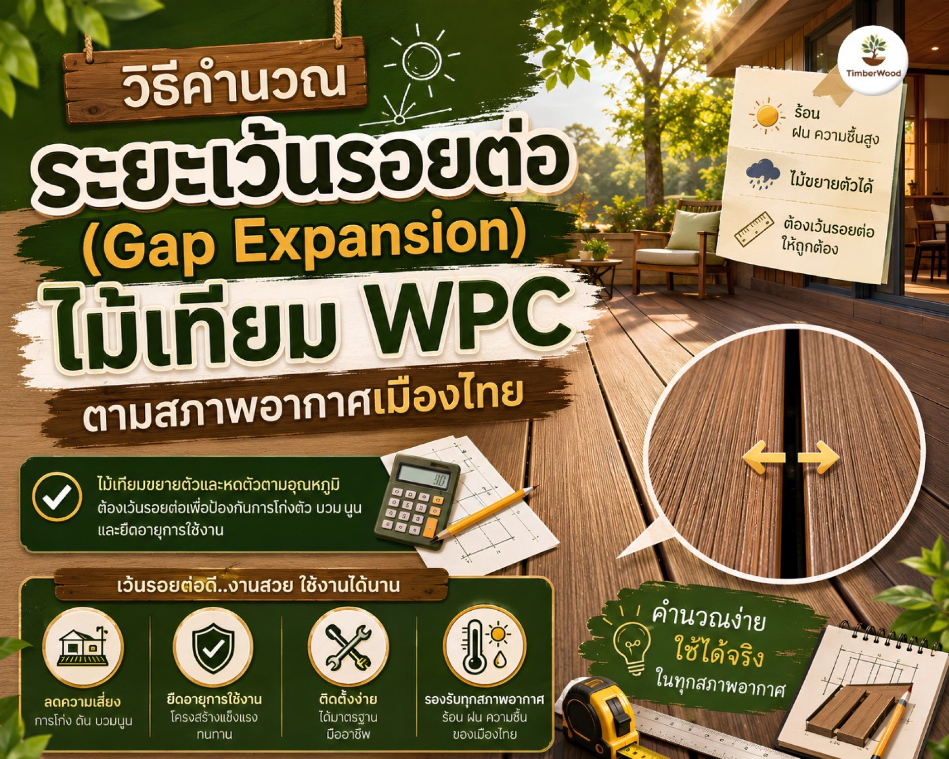 พื้นระเบียง WPC โก่งงอ ปูดนูน หรือแตกร้าว มักไม่ได้เกิดจากคุณภาพวัสดุ แต่มาจากการเว้นระยะรอยต่อที่ผิดตั้งแต่ขั้นตอนติดตั้ง พื้นระเบียง WPC โก่งงอ ปูดนูน หรือแตกร้าว มักไม่ได้เกิดจากคุณภาพวัสดุ แต่มาจากการเว้นระยะรอยต่อที่ผิดตั้งแต่ขั้นตอนติดตั้ง
