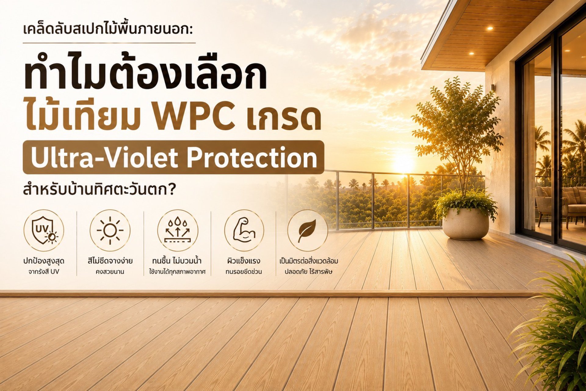 ไม้เทียม WPC (Wood Plastic Composite) เกรด Ultra-Violet Protection จะมีการเพิ่มสารป้องกันรังสี UV (UV Stabilizer) เข้าไปในกระบวนการผลิต ทำให้เนื้อไม้มีความทนทานต่อแสงแดดและความร้อนสูงกว่าเกรดทั่วไปเป็นพิเศษ ไม้เทียม WPC (Wood Plastic Composite) เกรด Ultra-Violet Protection จะมีการเพิ่มสารป้องกันรังสี UV (UV Stabilizer) เข้าไปในกระบวนการผลิต ทำให้เนื้อไม้มีความทนทานต่อแสงแดดและความร้อนสูงกว่าเกรดทั่วไปเป็นพิเศษ