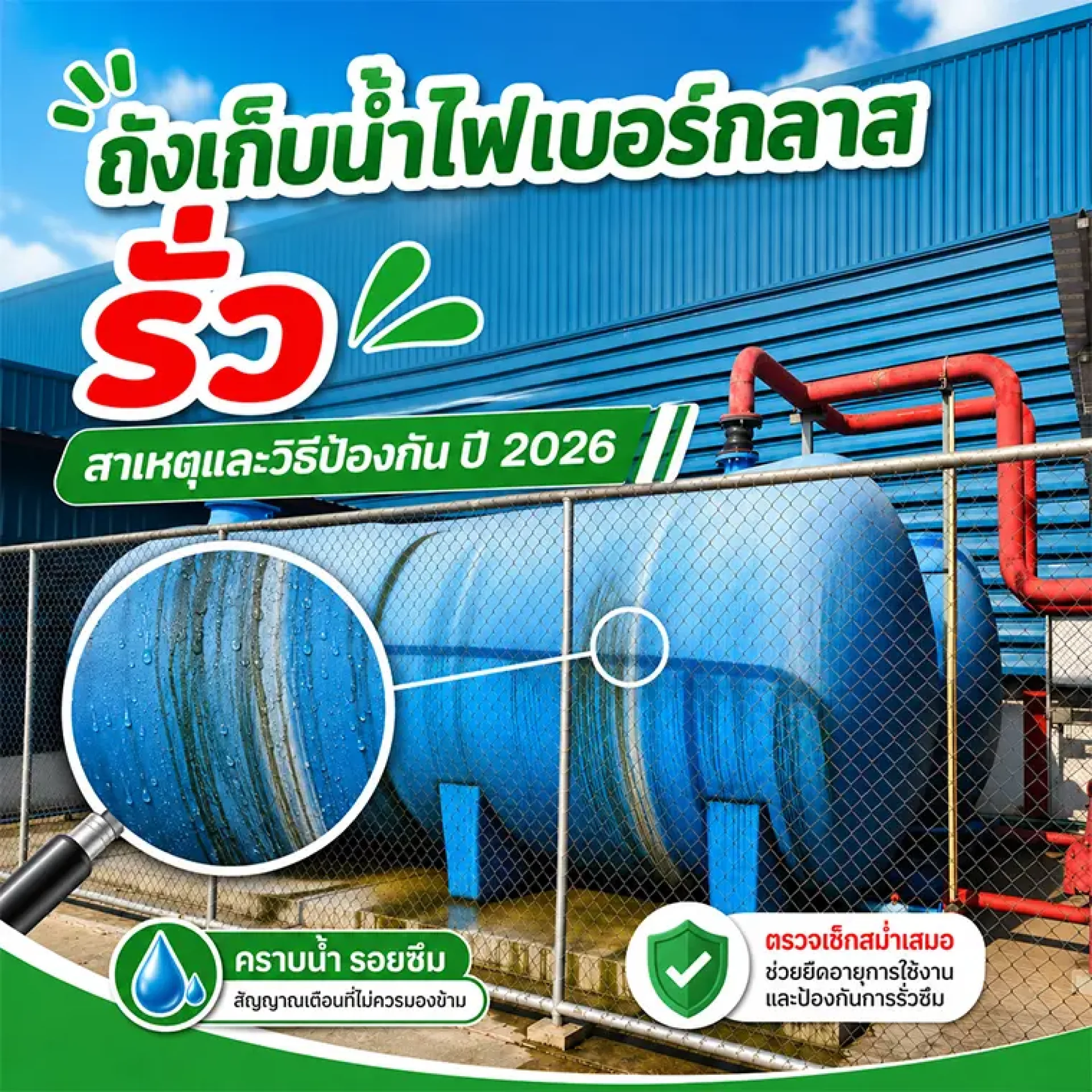 ถังเก็บน้ำไฟเบอร์กลาสมีคราบน้ำรั่วซึมบริเวณผนังด้านนอก ถังเก็บน้ำไฟเบอร์กลาสมีคราบน้ำรั่วซึมบริเวณผนังด้านนอก