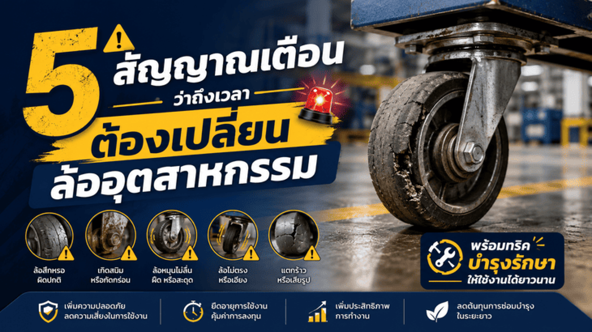 5 สัญญาณเตือนว่าถึงเวลาต้องเปลี่ยนล้ออุตสาหกรรม พร้อมทริคบำรุงรักษาให้ใช้งานได้ยาวนาน 5 สัญญาณเตือนว่าถึงเวลาต้องเปลี่ยนล้ออุตสาหกรรม พร้อมทริคบำรุงรักษาให้ใช้งานได้ยาวนาน